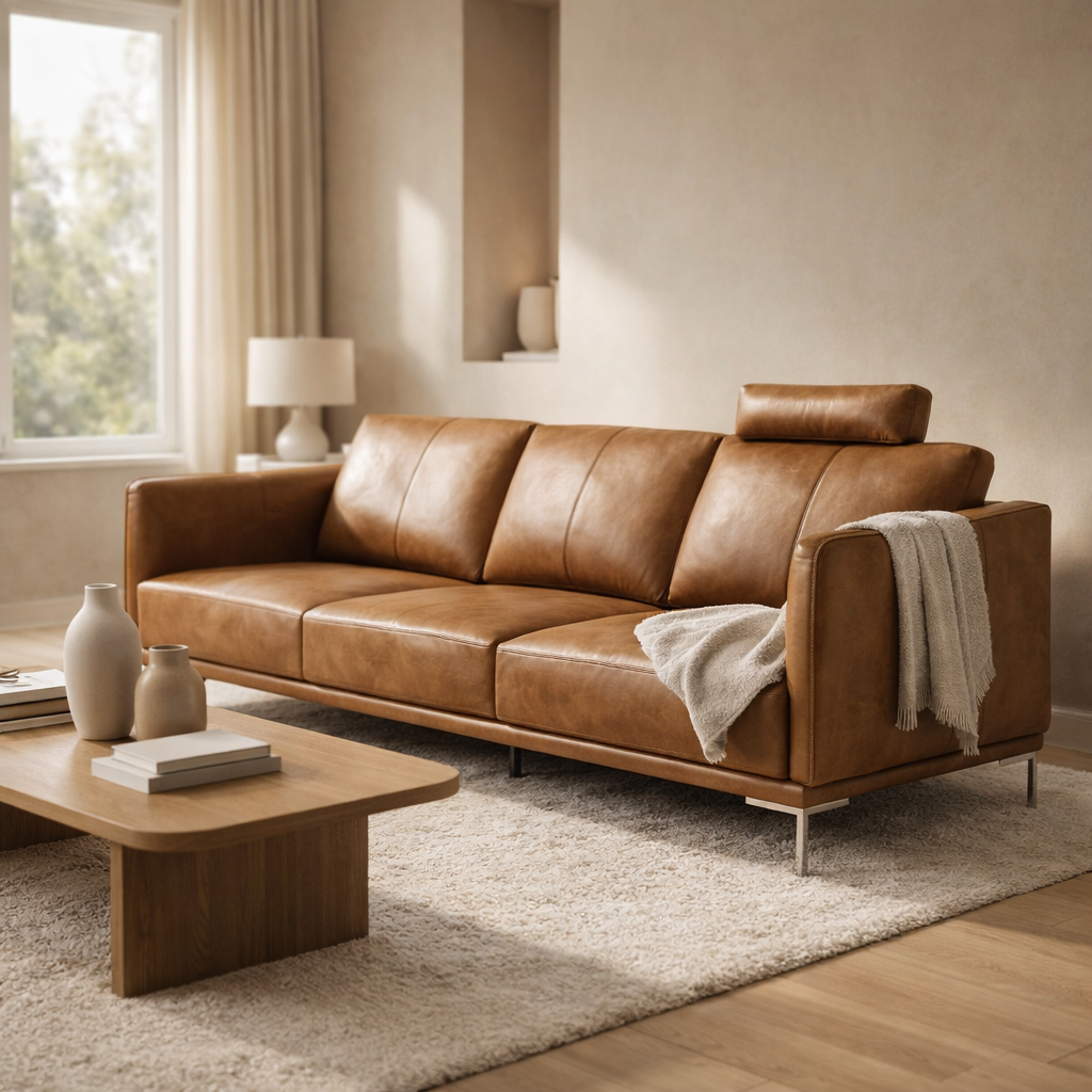 3 Seater Leather Modern Brown Sofa