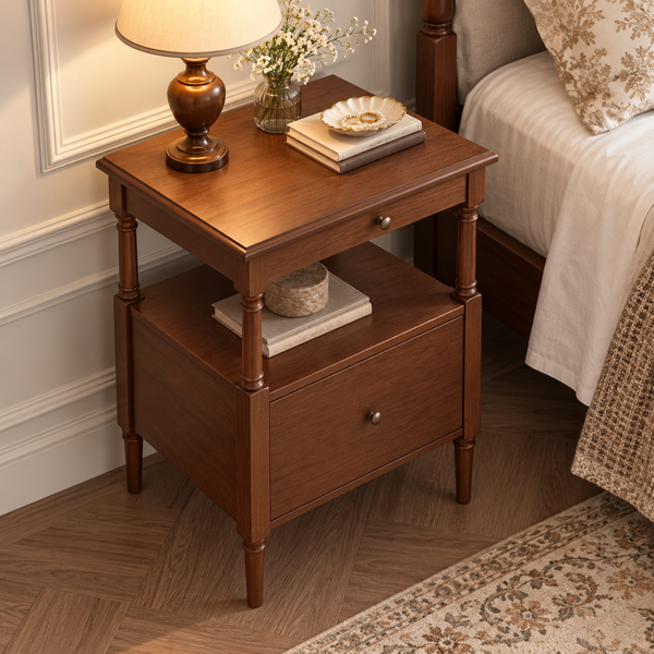 Clun Red Oak Bedside Table with Drawers