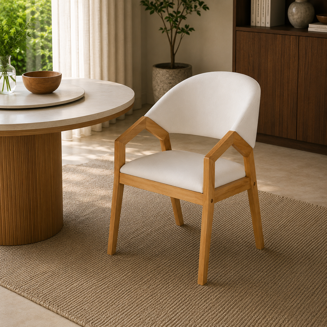 A modern accent chair with a light natural wood frame and white upholstered seat and backrest, positioned in a bright, contemporary dining or living room setting next to a round wooden table.