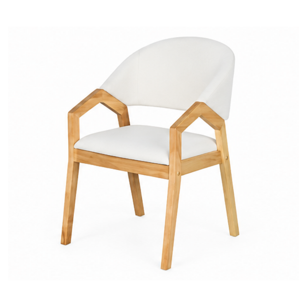 A modern dining chair with a light natural wood frame and white upholstered seat and curved backrest, shown on a plain white background.