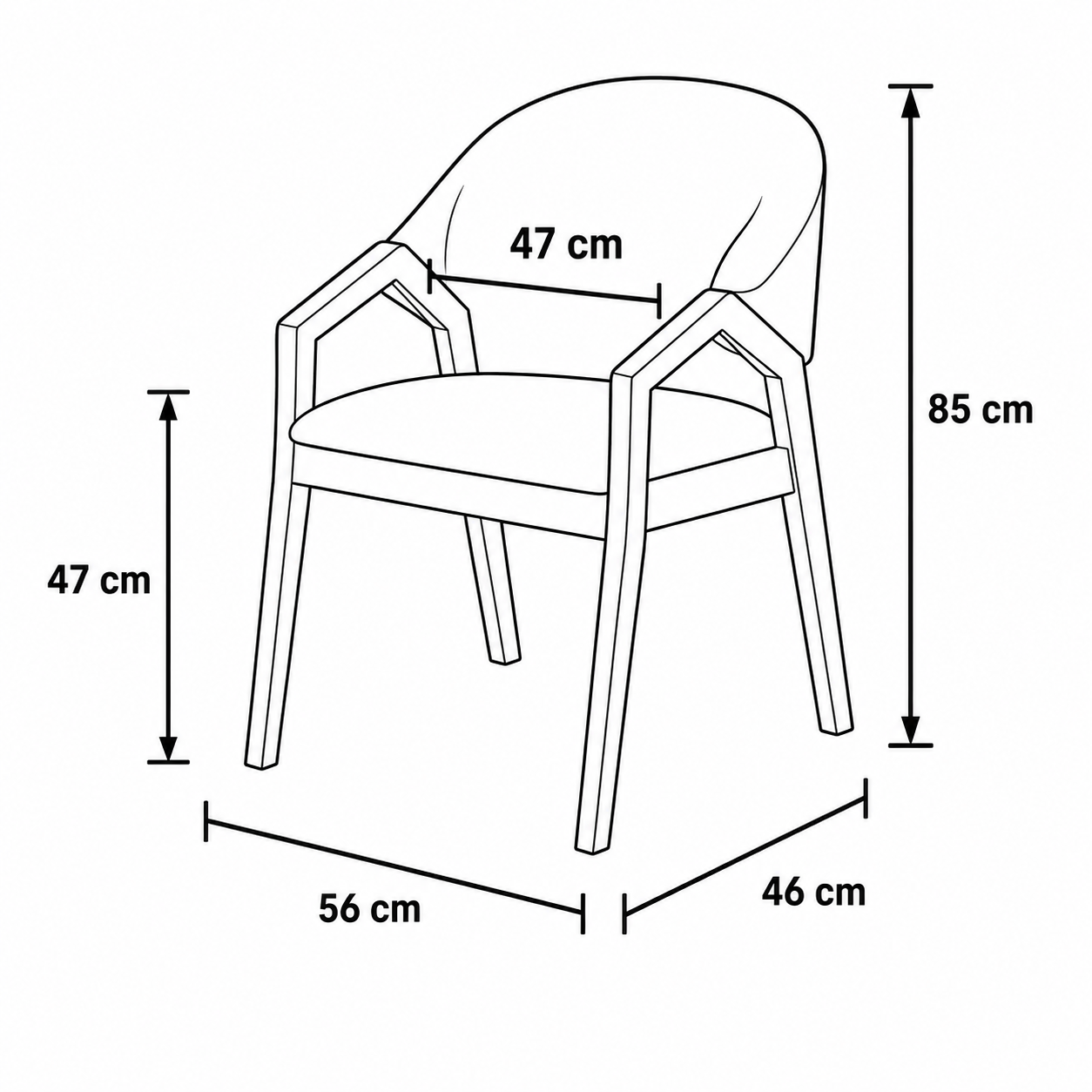 Black and white line drawing of an armchair with dimension labels showing height, width, and depth measurements.