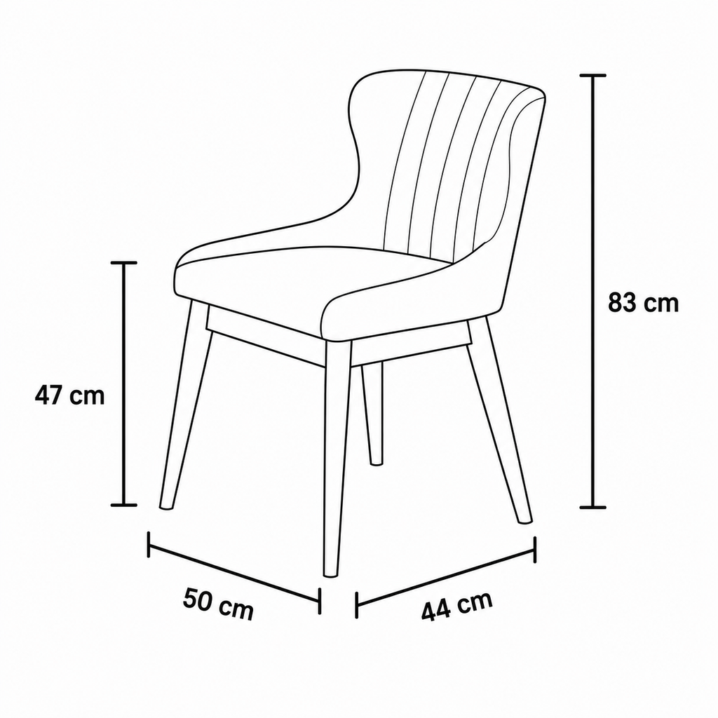 Black and white line drawing of a dining chair with dimension labels showing height, width, and depth measurements.