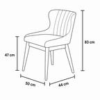 Black and white line drawing of a dining chair with dimension labels showing height, width, and depth measurements.