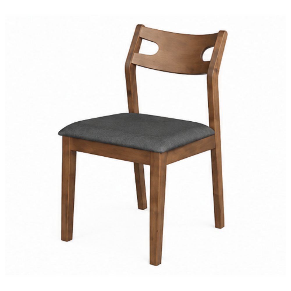 A wooden dining chair with a medium brown frame, a gray upholstered seat, and cutout details in the backrest, shown on a plain white background.