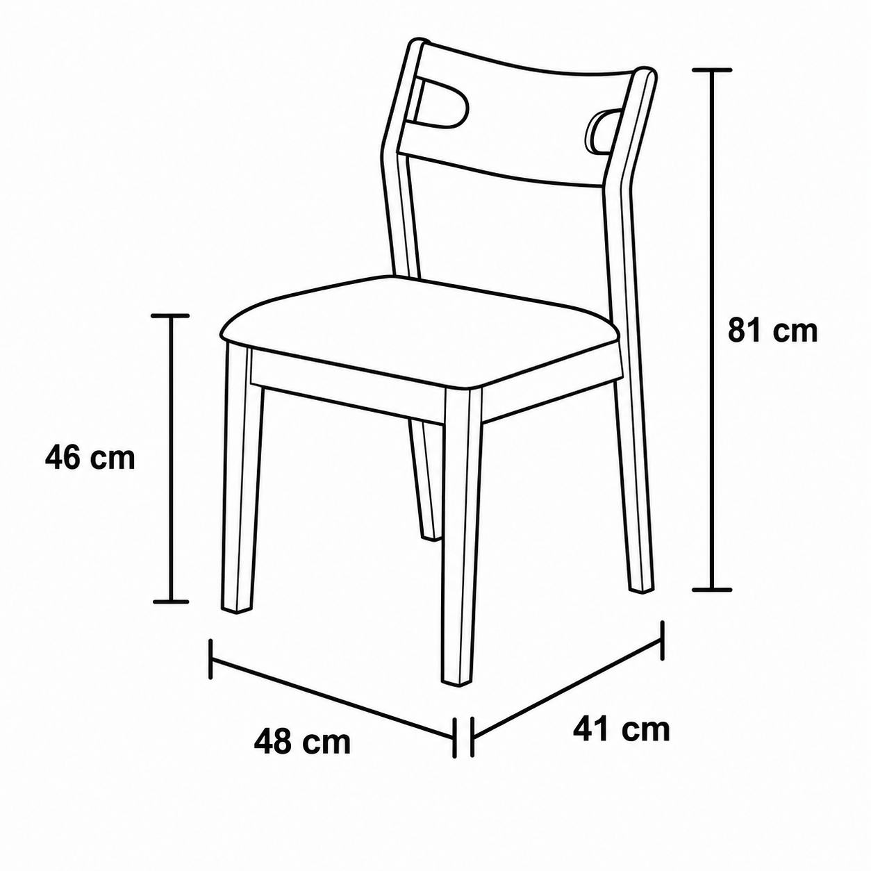 Black and white line drawing of a chair with dimension labels showing 81 cm height, 46 cm seat height, 48 cm width, and 41 cm depth.