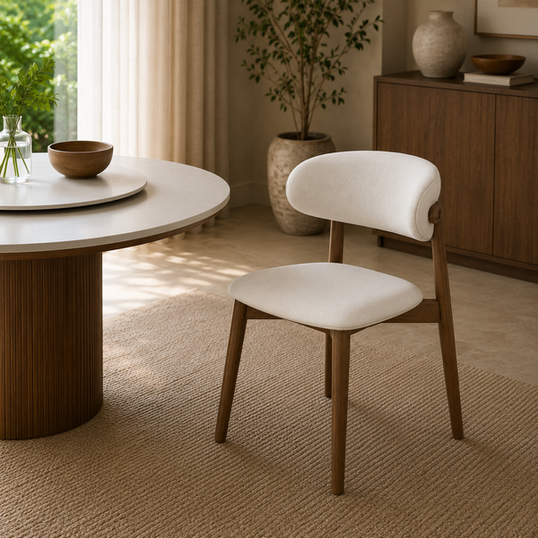 A modern dining chair with a curved white upholstered seat and backrest, supported by tapered medium-brown wooden legs, shown in a styled dining room next to a round white table.