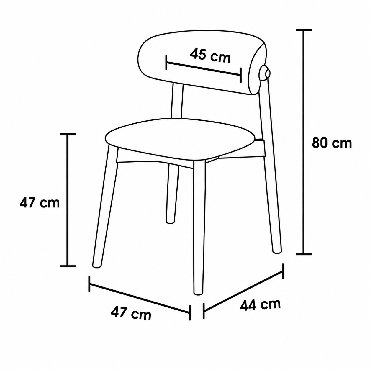 Black and white line drawing of a chair with dimension labels showing height, width, and depth measurements.