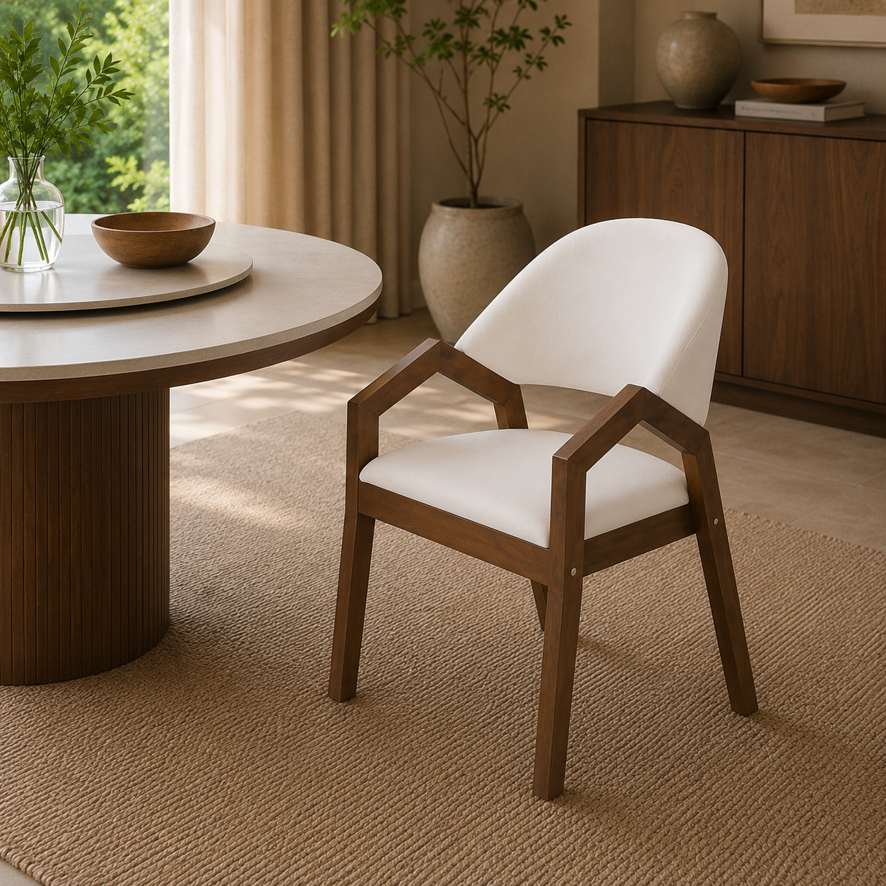 A modern wooden dining chair with a white upholstered seat and curved back, shown in a warm, sunlit room next to a round wooden table.