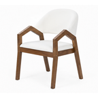 A modern dining chair with a warm brown wooden frame and white upholstered seat and curved backrest, shown on a plain white background.