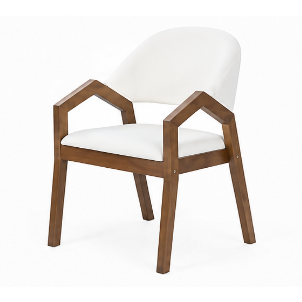 A modern dining chair with a warm brown wooden frame and white upholstered seat and curved backrest, shown on a plain white background.