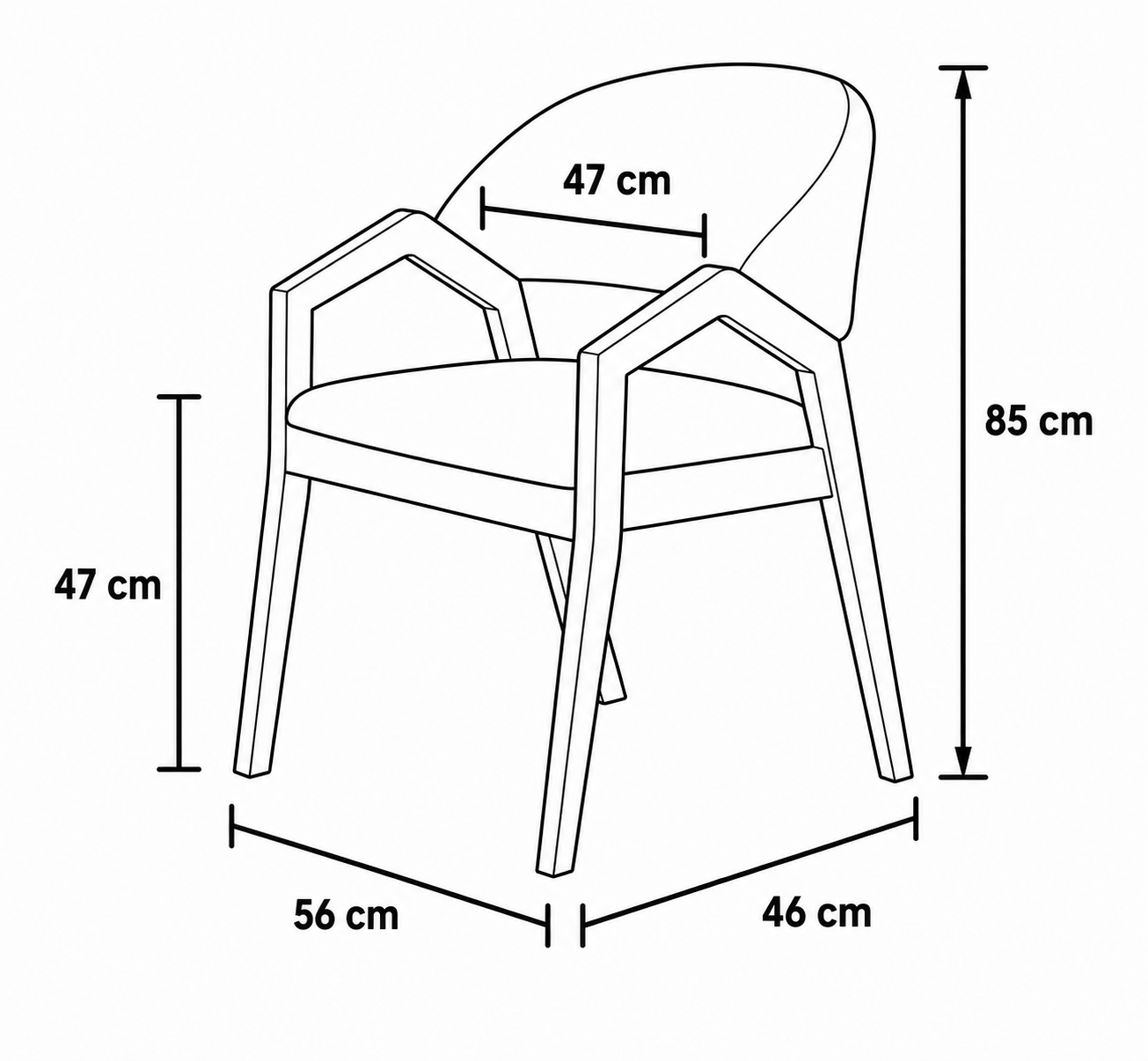 Black and white line drawing of a chair with dimension labels showing height and width measurements.