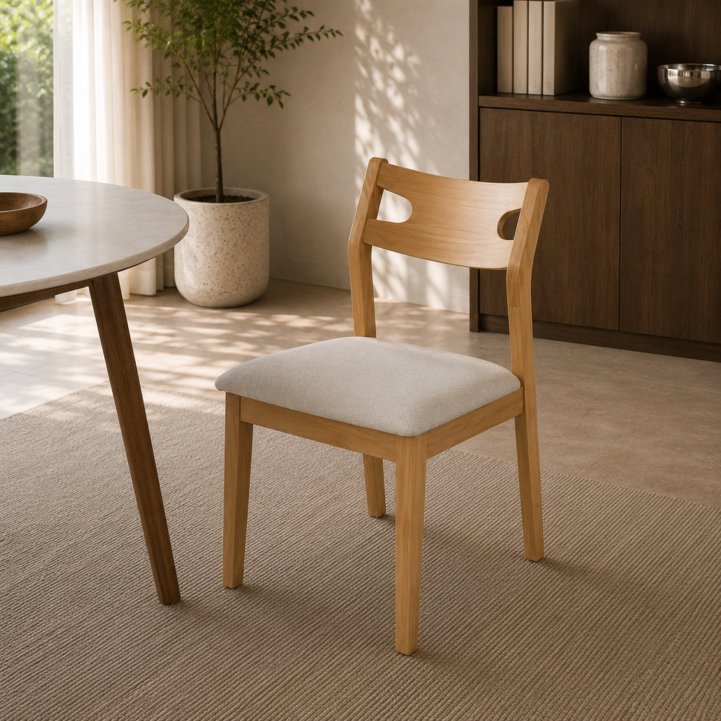 A light natural wood dining chair with a square off-white upholstered seat, shown in a bright, modern dining room setting next to a round table.