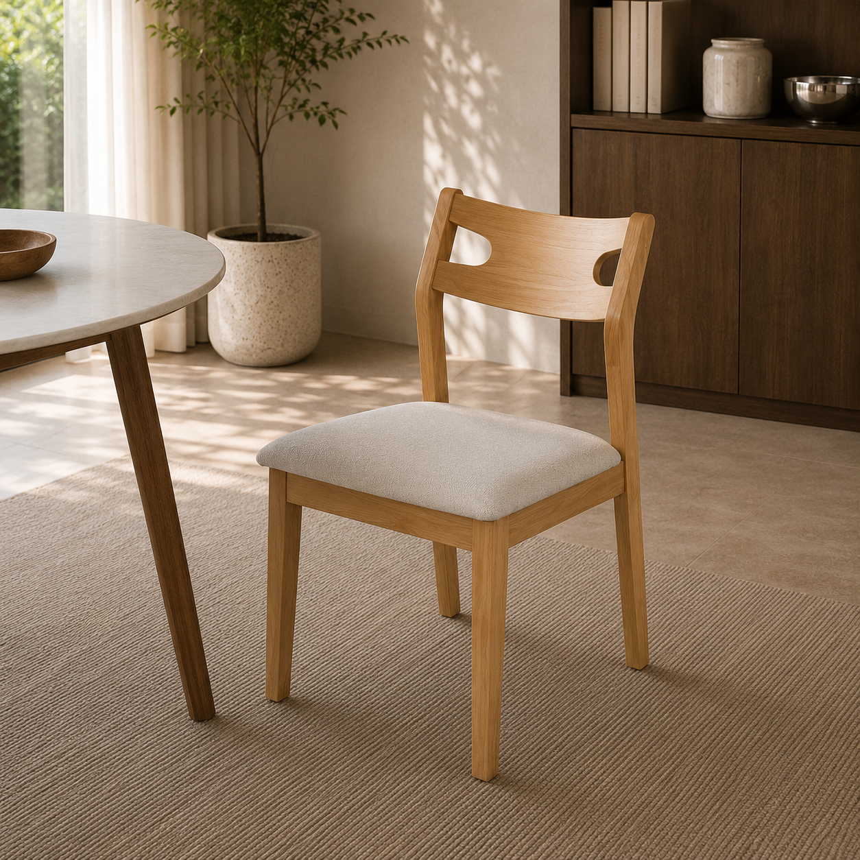 A light natural wood dining chair with a square off-white upholstered seat, shown in a bright, modern dining room setting next to a round table.