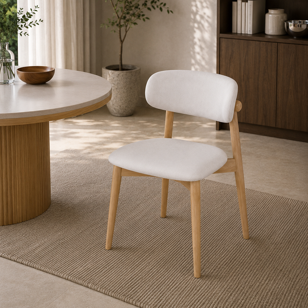 A modern dining chair with a white upholstered seat and curved backrest, supported by light natural wood legs, shown in a bright, contemporary dining room next to a round wooden table.