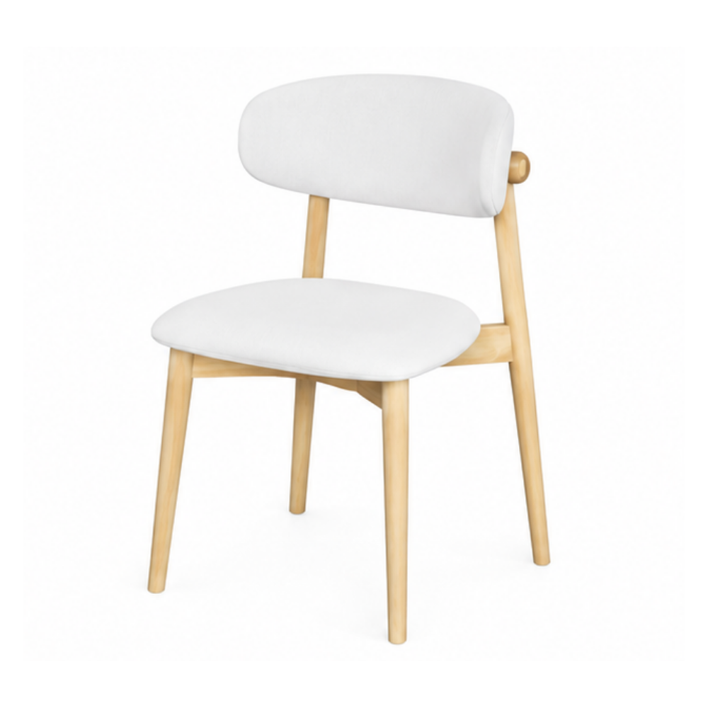 A modern dining chair with a white upholstered seat and curved backrest, supported by light natural wood legs and side accents, shown on a plain white background.