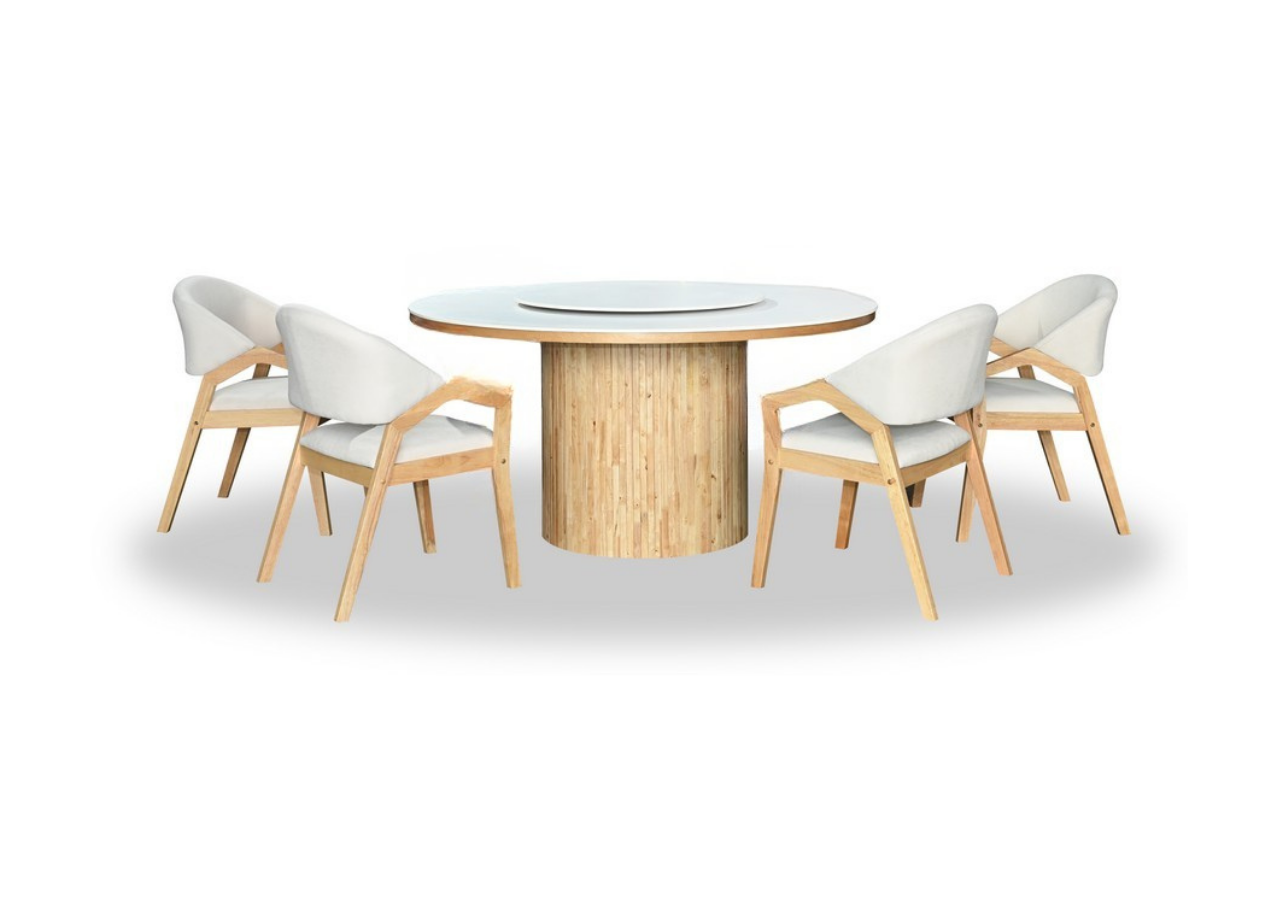 Dining table with four chairs on a white background