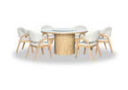 Dining table set with wooden legs and white chairs on a white background