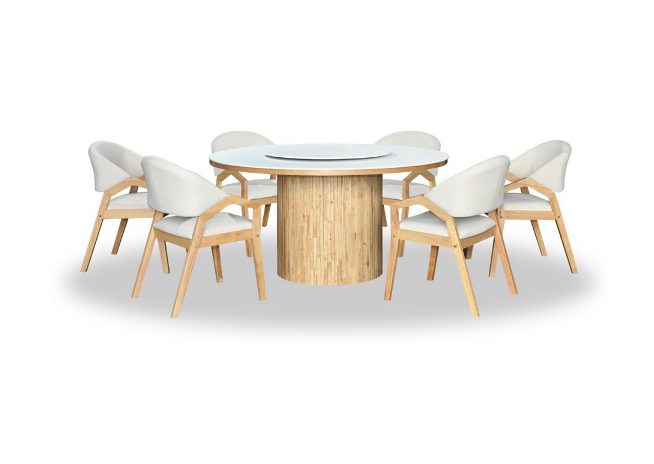 Dining table set with wooden legs and white chairs on a white background