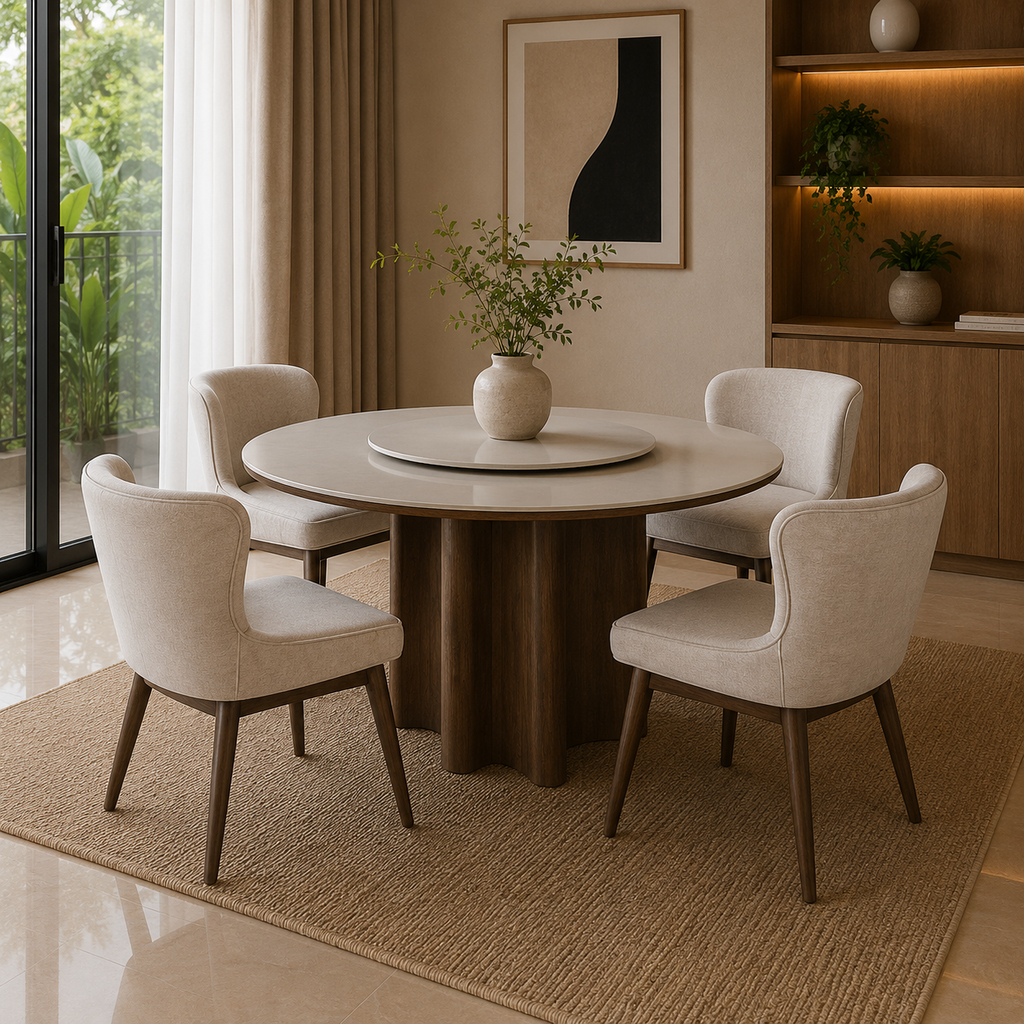 Round dining table with four chairs in a modern living room.