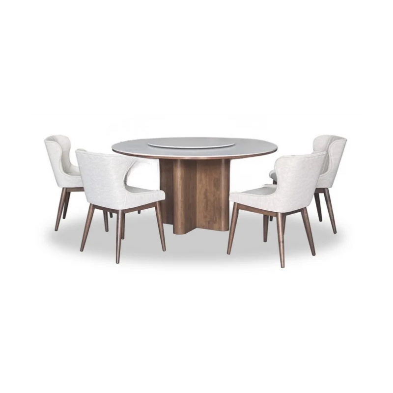 A modern 5-piece dining set featuring a round wooden pedestal table with a gray stone top and four upholstered dining chairs in off-white fabric with dark wood legs, shown on a solid white background.
