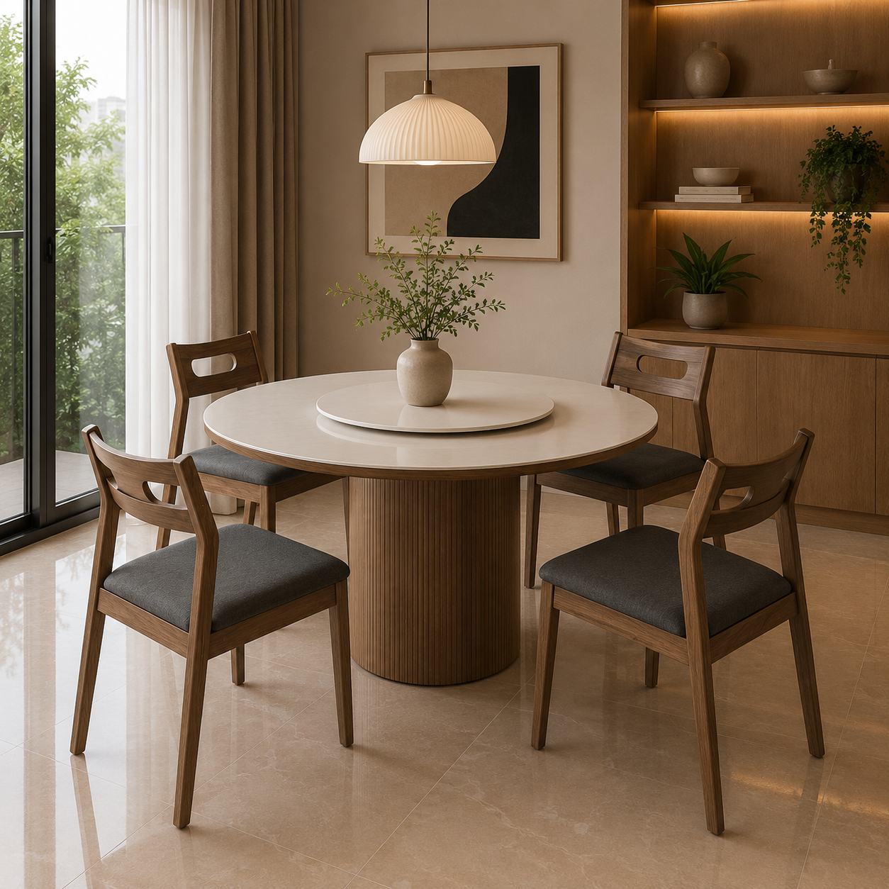 Dining room with a round table and wooden chairs in a well-lit room.
