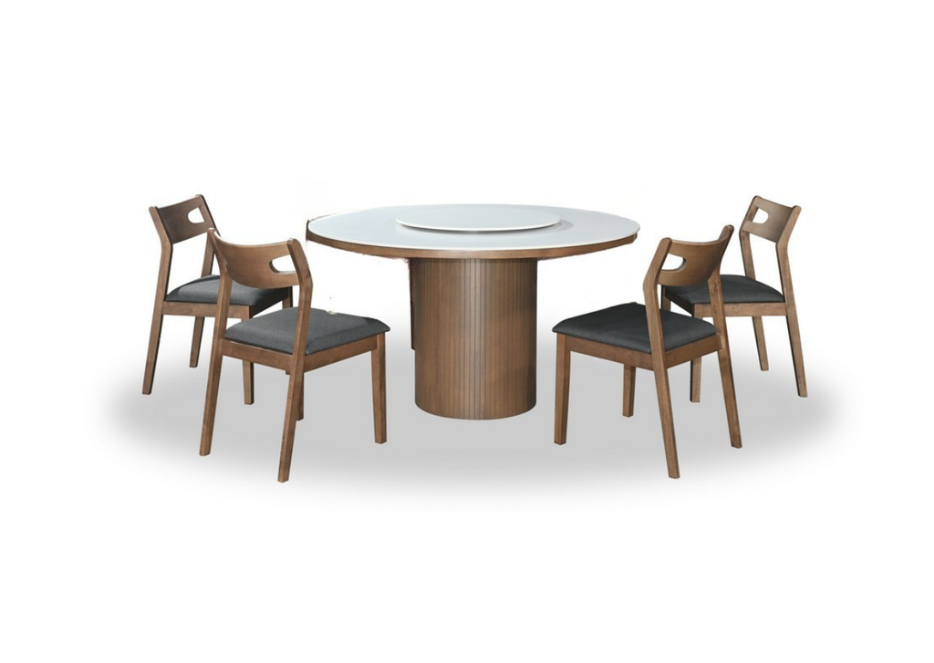 Dining table set with four chairs on a white background