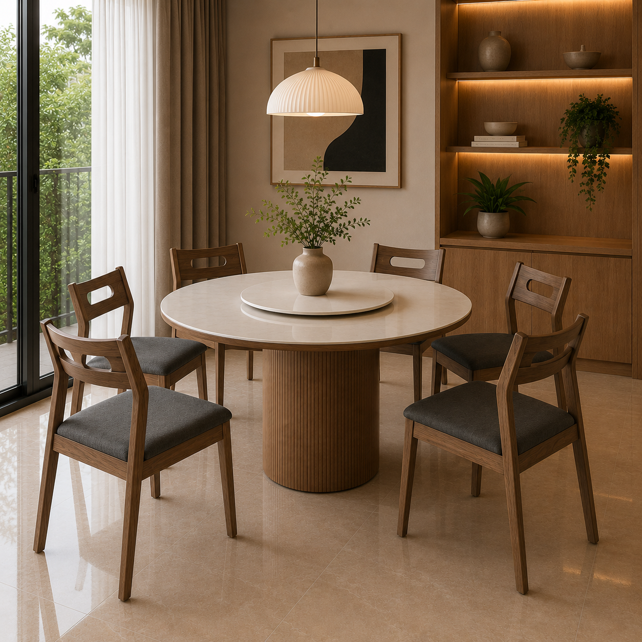 Dining room with round table and wooden chairs in a well-lit room.