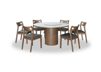 Dining table set with six chairs on a white background