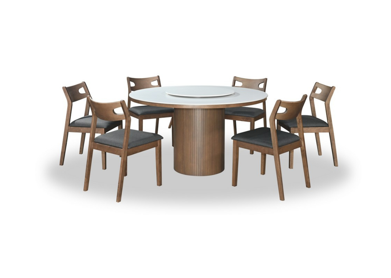 Dining table set with six chairs on a white background
