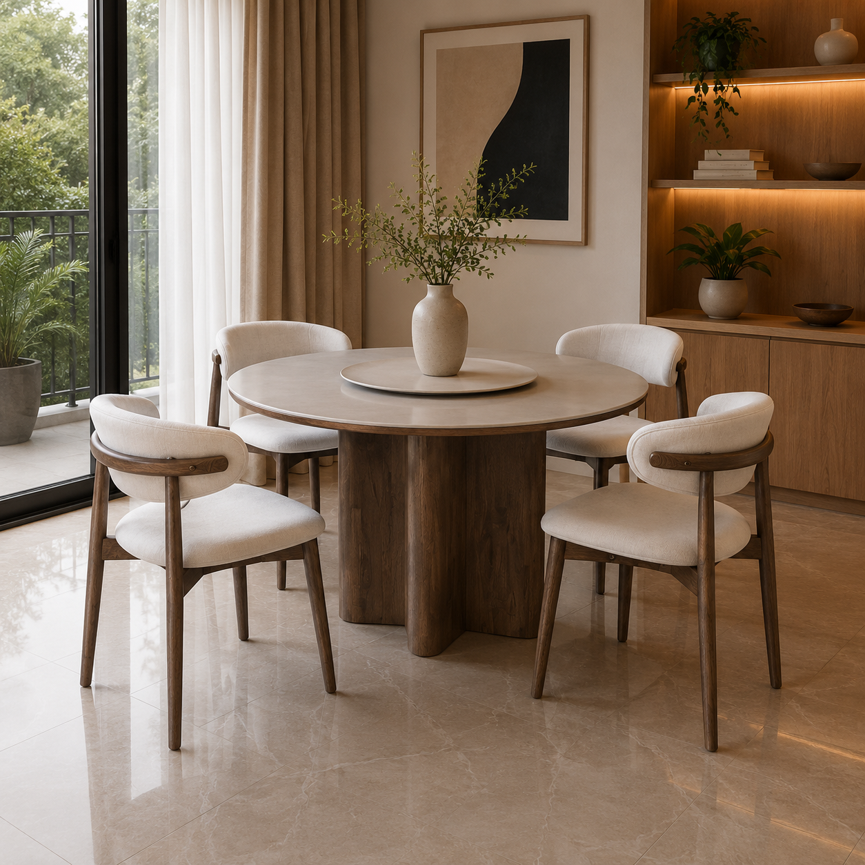 Dining room with a round wooden table and chairs in a well-lit room.