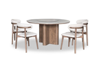 Dining table set with four chairs on a white background