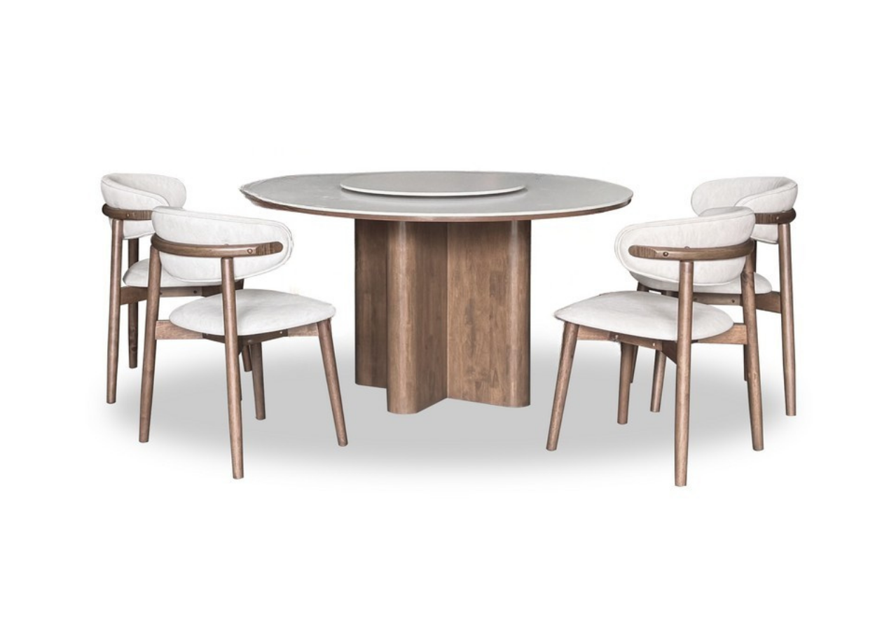 Dining table set with four chairs on a white background