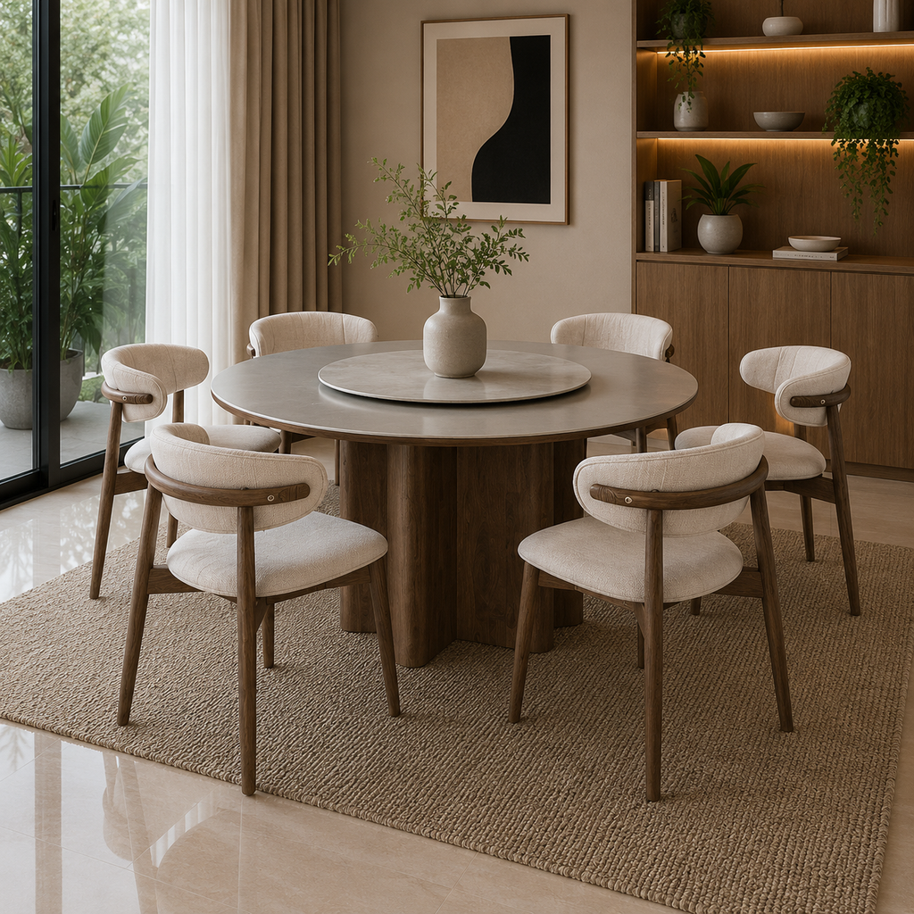 Dining room with round table and chairs in a modern interior setting.