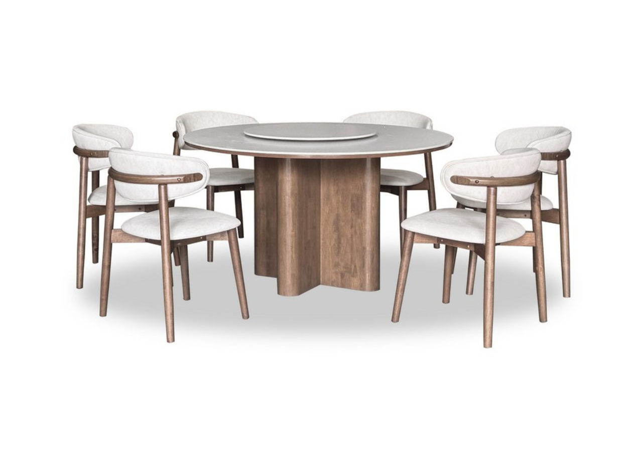 Dining table set with wooden base and round glass top, surrounded by six chairs with white seats on a white background.