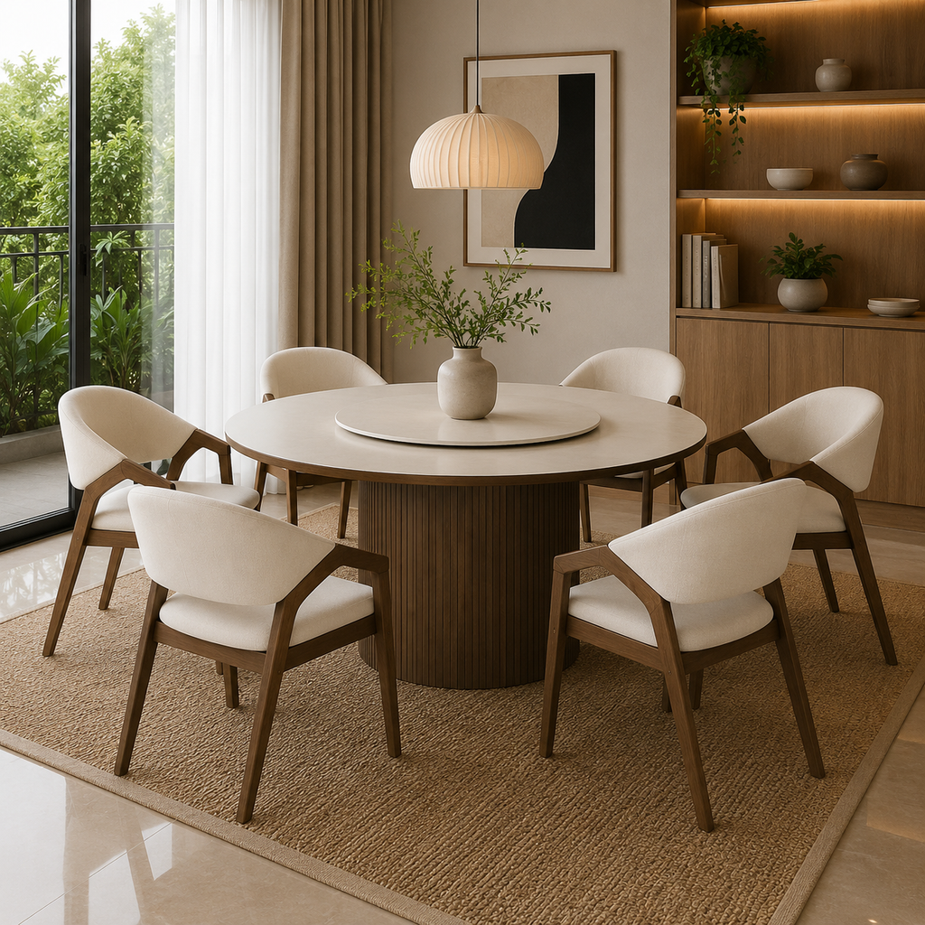 Dining room with a round wooden table and white chairs on a textured rug.