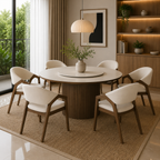 Dining room with a round wooden table and white chairs on a textured rug.