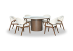 Dining table set with six white chairs on a white background