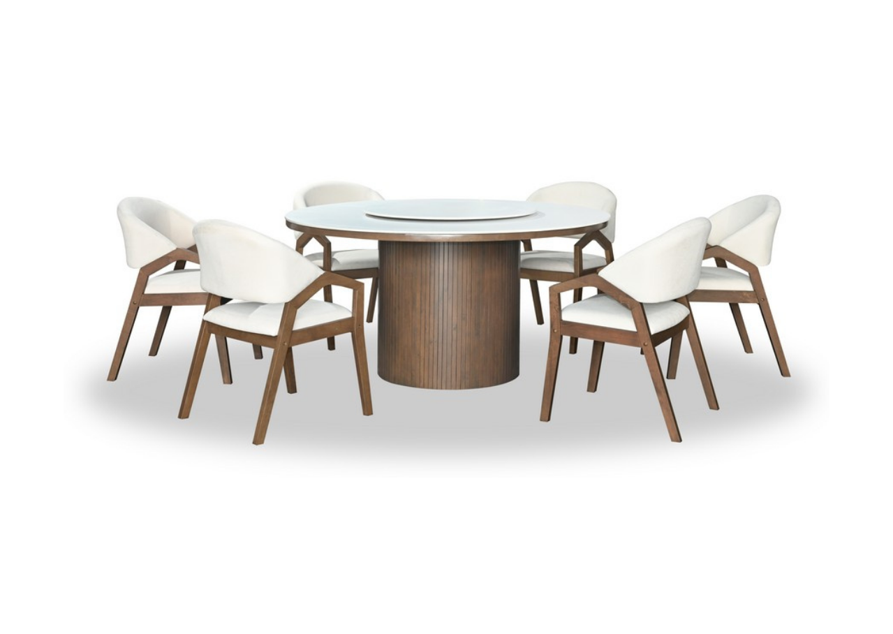 Dining table set with six white chairs on a white background