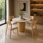 Dining room with wooden table and chairs, plants, and a modern painting on the wall.