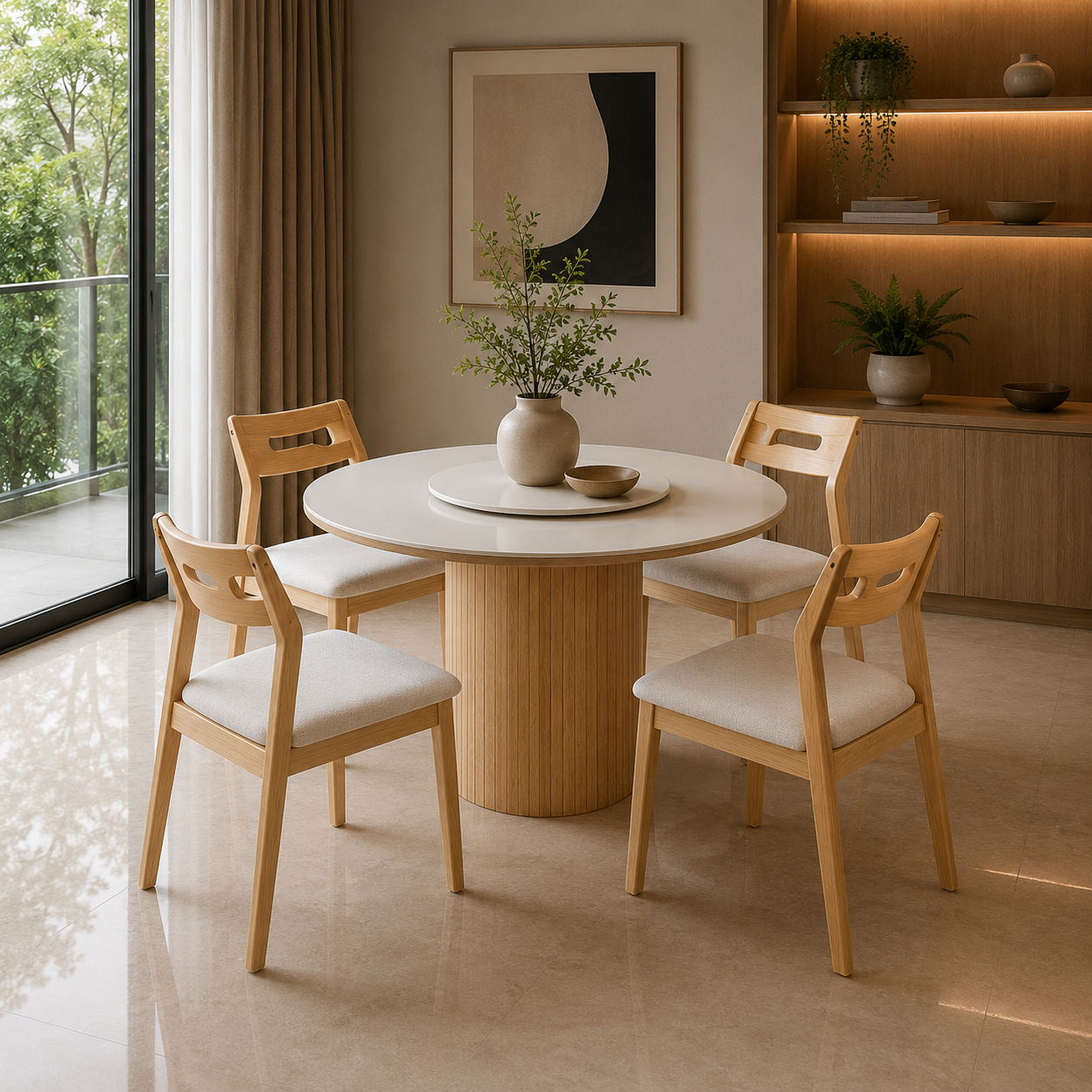 Dining room with wooden table and chairs, plants, and a modern painting on the wall.