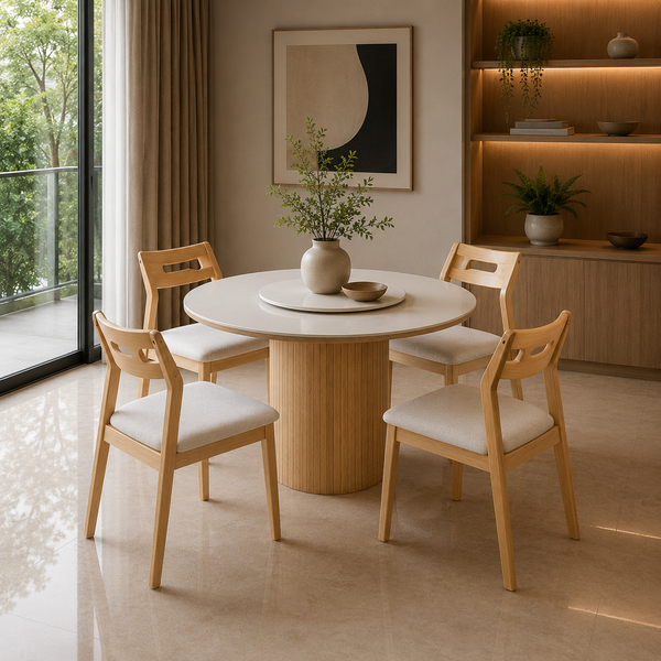 Dining room with wooden table and chairs, plants, and a modern painting on the wall.