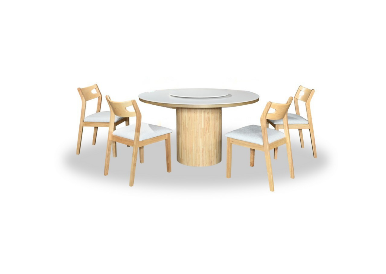 Dining table with four chairs on a white background
