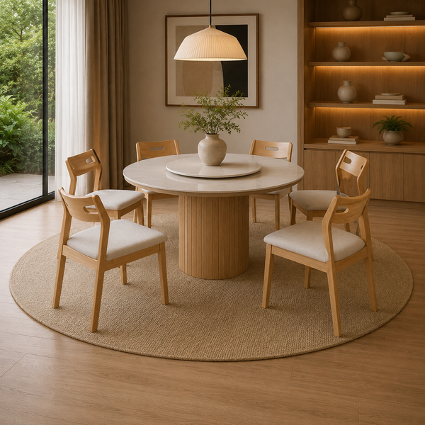 Dining room with wooden table and chairs on a round rug, natural light.