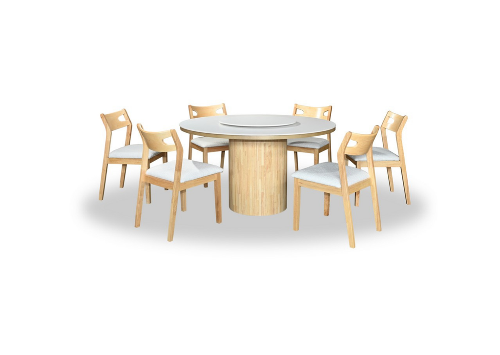 Dining table set with six chairs on a white background
