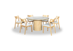 Dining table set with six chairs on a white background