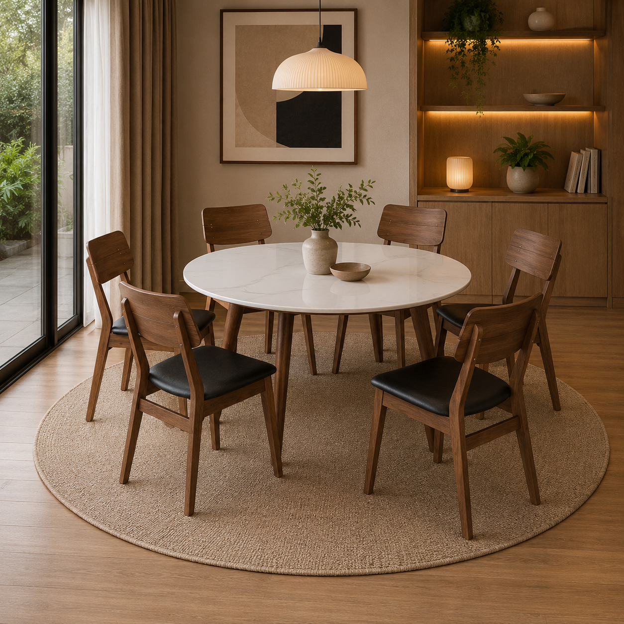 Dining room with a round table and wooden chairs on a rug.