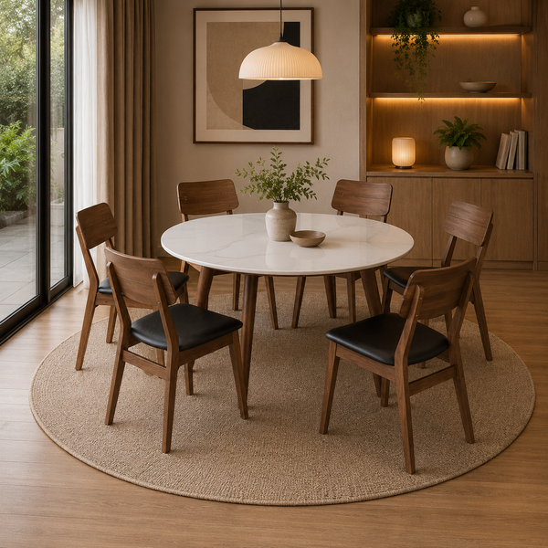 Dining room with a round table and wooden chairs on a rug.