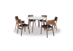Dining table set with six wooden chairs on a white background
