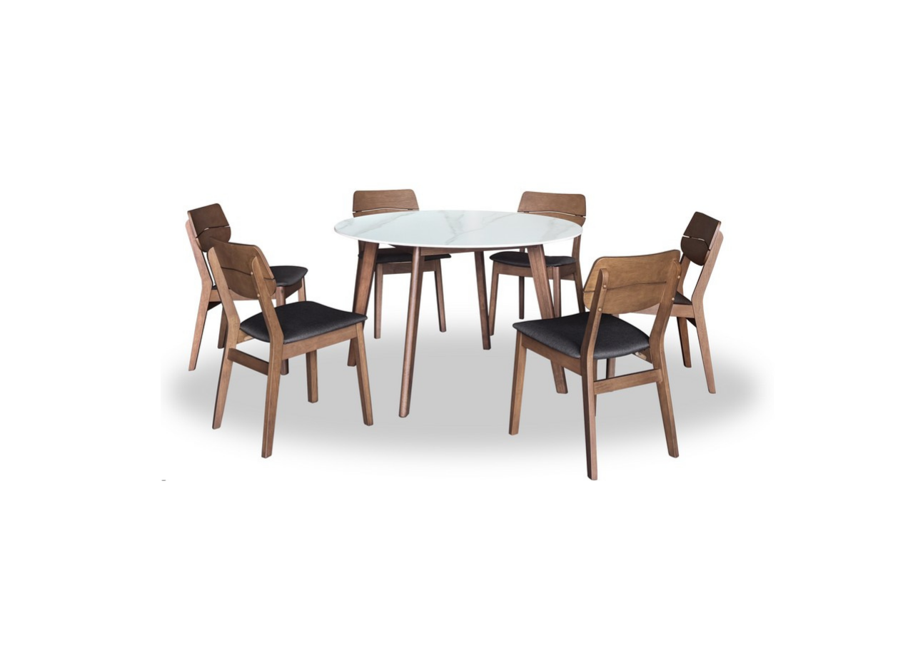 Dining table set with six wooden chairs on a white background