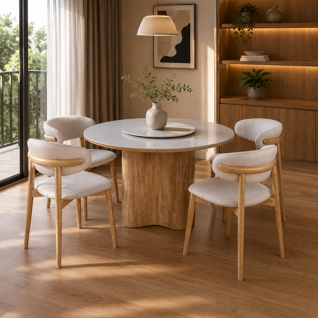 Dining room with a round wooden table and chairs in a well-lit room.